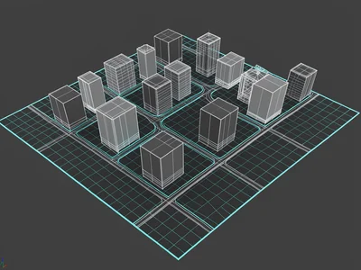 A wireframe cityscape of simple building volumes on a flat grid plane, streets i