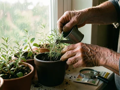 An elderly person's hands tending a window garden, one hand holding a small wate