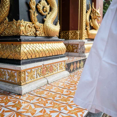 Lanna temple detail, Chiang Mai sacred ornament, temple floor tiles in geometric