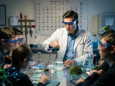 A high school science teacher setting up a chemistry demonstration, pouring a me