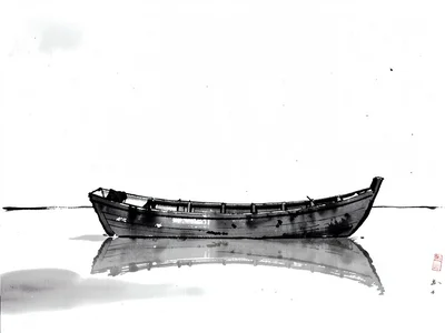Boat on calm water, only hull and reflection visible, sky unmarked