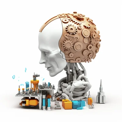 3D plastilina robot brain assembly tools on clean whi