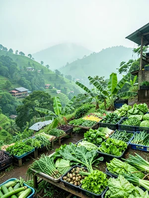 Emerald green hills through morning mist in Kigali, Rwanda, Market vegetables ar