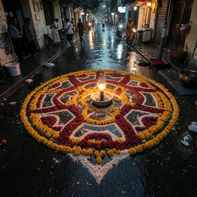 Looking down at Chennai's overlooked patterns, Evening kolam by oil lamp light, 