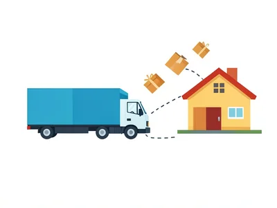 A delivery truck driving along a dotted path between warehouse and house, packag