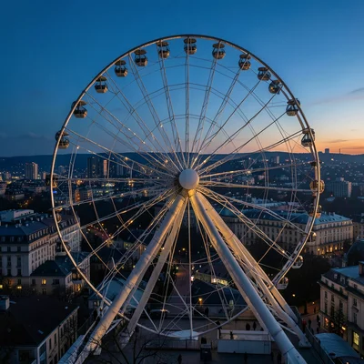 Ferris wheel containing city panorama at blue hour, double exposure