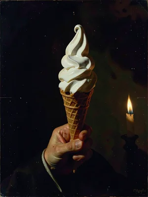 Soft serve ice cream cone held by anonymous hand emerging from darkness, single 