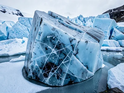 Crystal structure visible in ice block