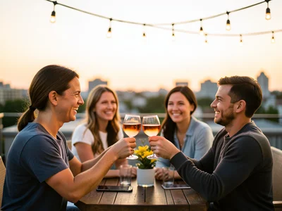 Friends clinking glasses of rosé on a rooftop patio at golden hour, string light