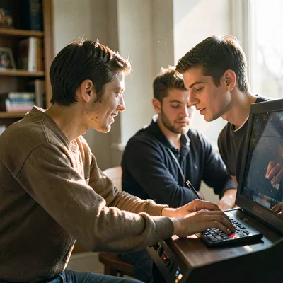 Side portrait of two students collaborating on a console, raking light