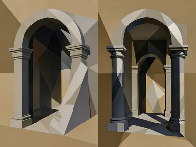 Architectural archway — the arch seen from inside and out at once, columns split