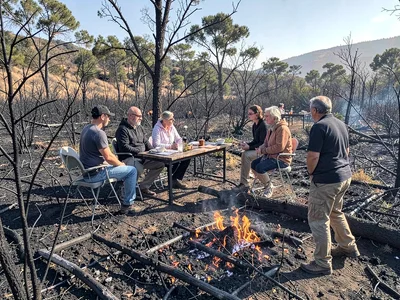 Burned and unburned meeting at firebreak line
