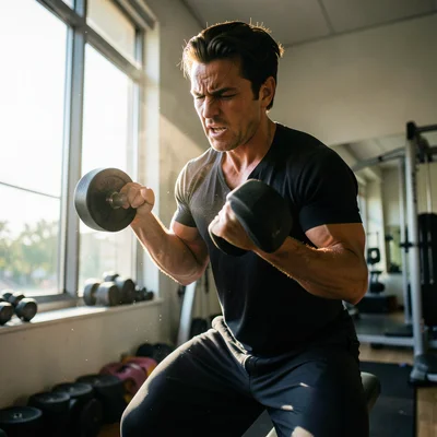 Person lifting dumbbells in a home gym, morning light through a large window