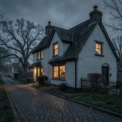 Quiet exterior of a farmhouse facade from a cobbled lane, warm window glow again