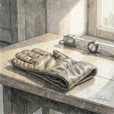 Joaquin-ramirez atmospheric tabletop of a folded leather work-glove and a level,