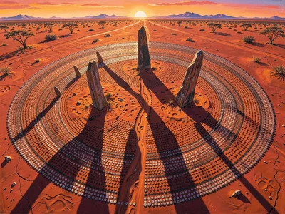 Standing stones at desert dawn from above — long shadows radiating outward acros