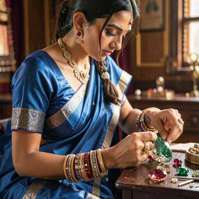 Through the Jaipur gem cutter's eye, faceted light, A woman in a sapphire blue s