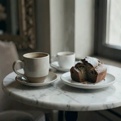 Coffee and pastry on marble table