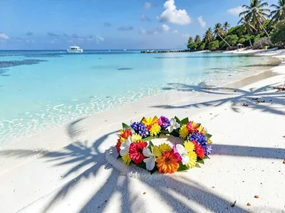 Lagoon turquoise light in Rarotonga, Traditional flower crown resting on white s