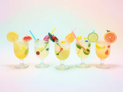 Row of lemonade glasses with different fruit garnishes, color gradient, centered