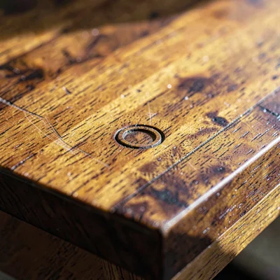 Tight texture study of mahogany bartop with ring marks and patina, raking light 
