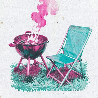 Backyard barbecue grill smoking gently while a folding lawn chair sits empty in