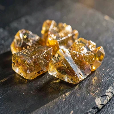 Mineral-cut macro of golden frankincense resin chunks on dark slate, raking ligh