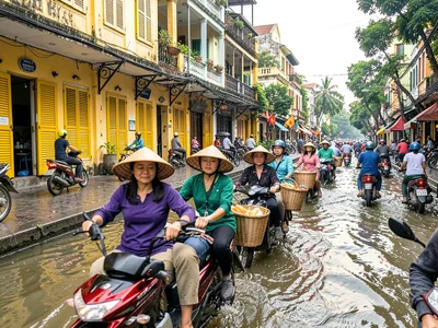 Pole basket vendors navigating motorbike traffic
