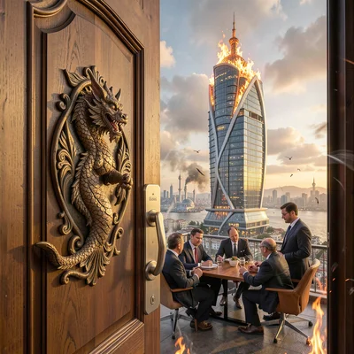 Oil-baron nouveau meeting Flame Tower modernity in windy Baku, Art Nouveau door 