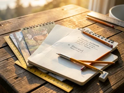 Flat lay of new school supplies on wooden desk, notebooks, pencils, ruler, erase