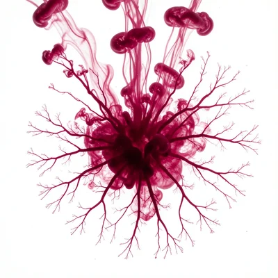 Crimson ink drop spreading like poinsettia bloom on white, macro