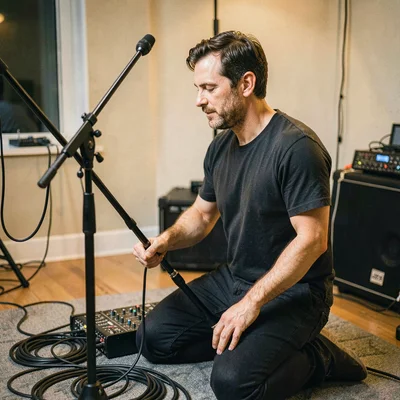 Sound recordist portrait kneeling with a boom and mixer, cable looped neatly, ca