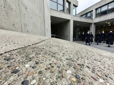 Brutalist university building exterior, geometric concrete, students in gowns ex