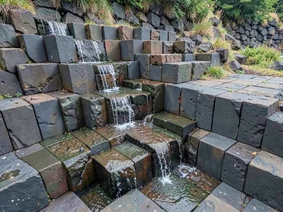 Water flowing over basalt column steps