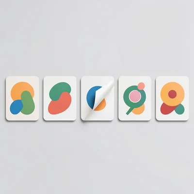 A horizontal strip of six abstract sticker-pack designs in a clean row with thin