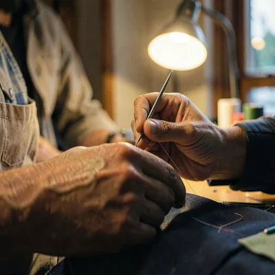 Lamp-lit close-up of a tailor's hands threading a needle by lamplight