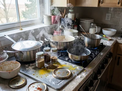 Open spice jars with spilled powder on counter