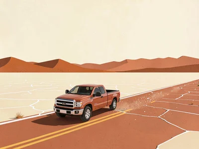 Pickup-truck speck moves along a copper-red road across a vast salt plain under 