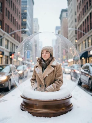 Calm — person in personal snowglobe of gentle snow, warm coat, city rushing arou