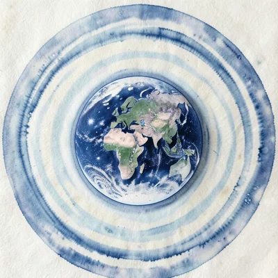 Earth seen from space with continents as dense ink pools and oceans as lighter s
