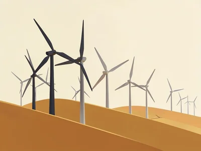 Modern wind farm of charcoal turbines marches across an ochre ridge under a crea