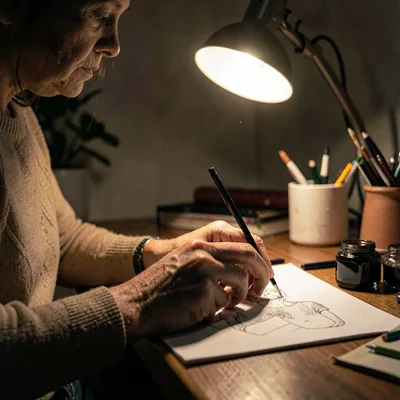 Quiet portrait study of hands at work — needle, ink pot, sketch paper — under a 