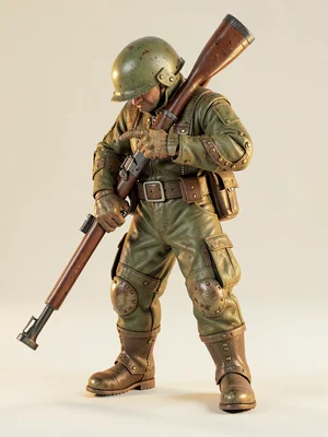 The machine-gunner stands with his weapon shouldered, head ducked so the helmet 