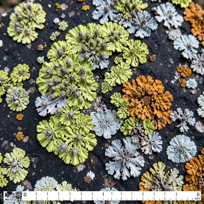 Lichen on basalt boulder, black rock surface hosting chartreuse and grey colonie