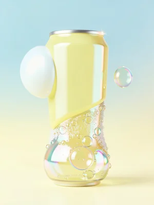 Translucent lemon-yellow energy drink can with frost beading at its waist on a s