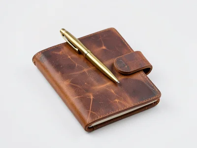 A leather notebook with an elastic closure, aged to a warm brown patina, a brass