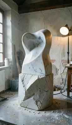 Documentary-style photograph, natural and observed, Italian marble sculptor's wo