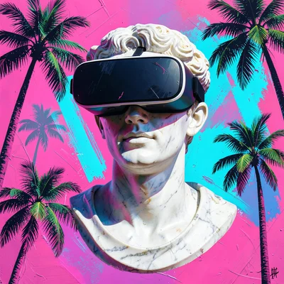 Greek marble bust wearing VR headset, pink and cyan gradient background, palm tr