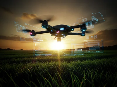 Drone hovering over a green field at sunrise, silhouette against golden sky