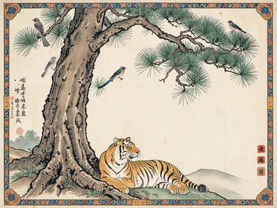 Tiger reclining under a tall pine tree, magpies perched in the branches above